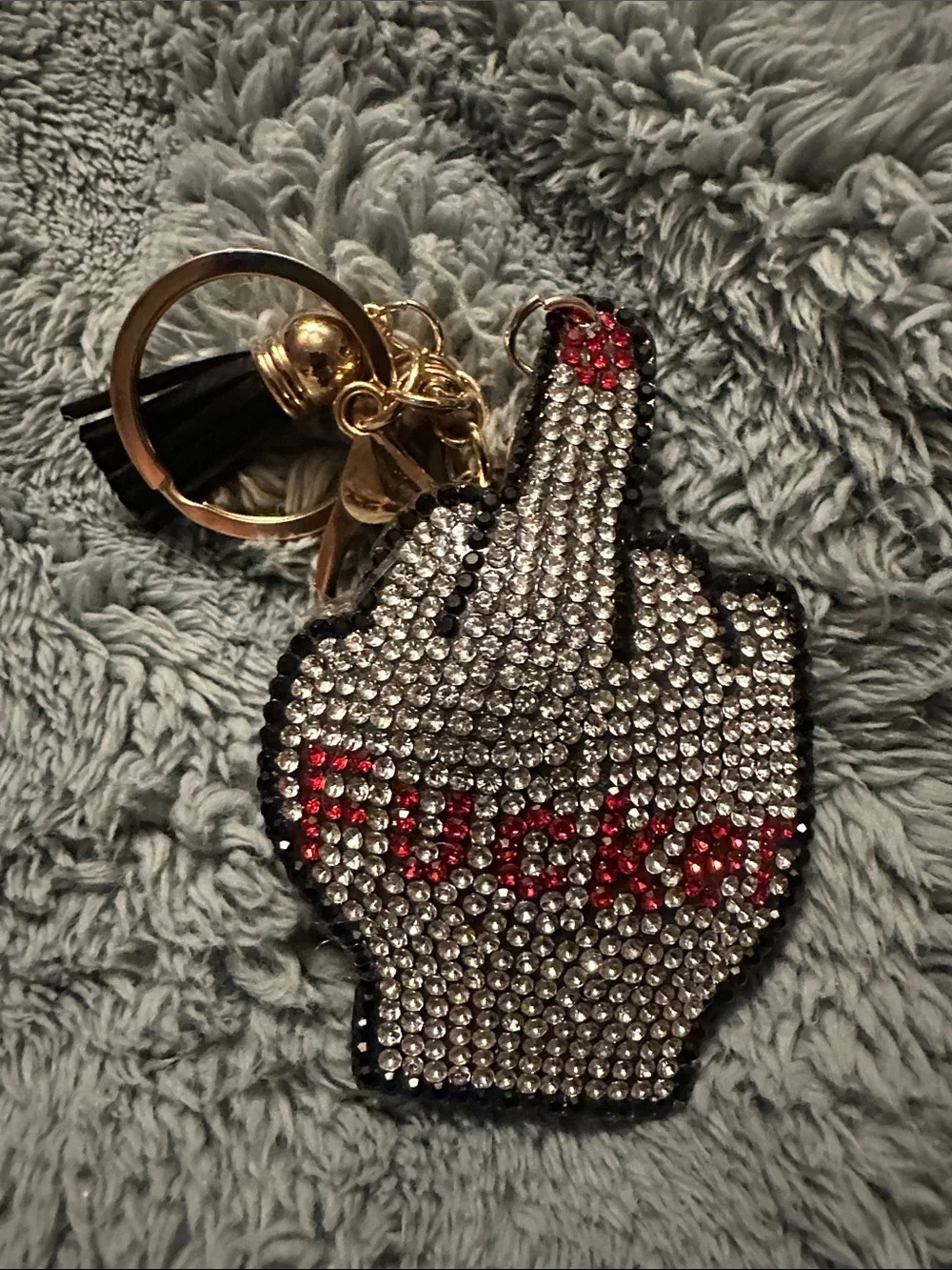 Rhinestone Middle Finger Keychain - Silver and Red Accent